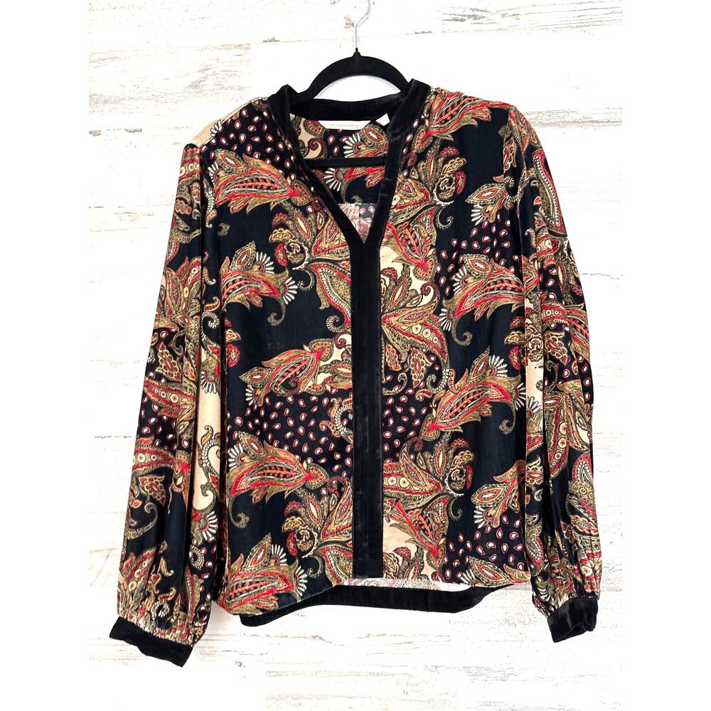 Soft Surroundings Womens M Black Multi Velvet Long Sleeve Blouse Boho Luxe